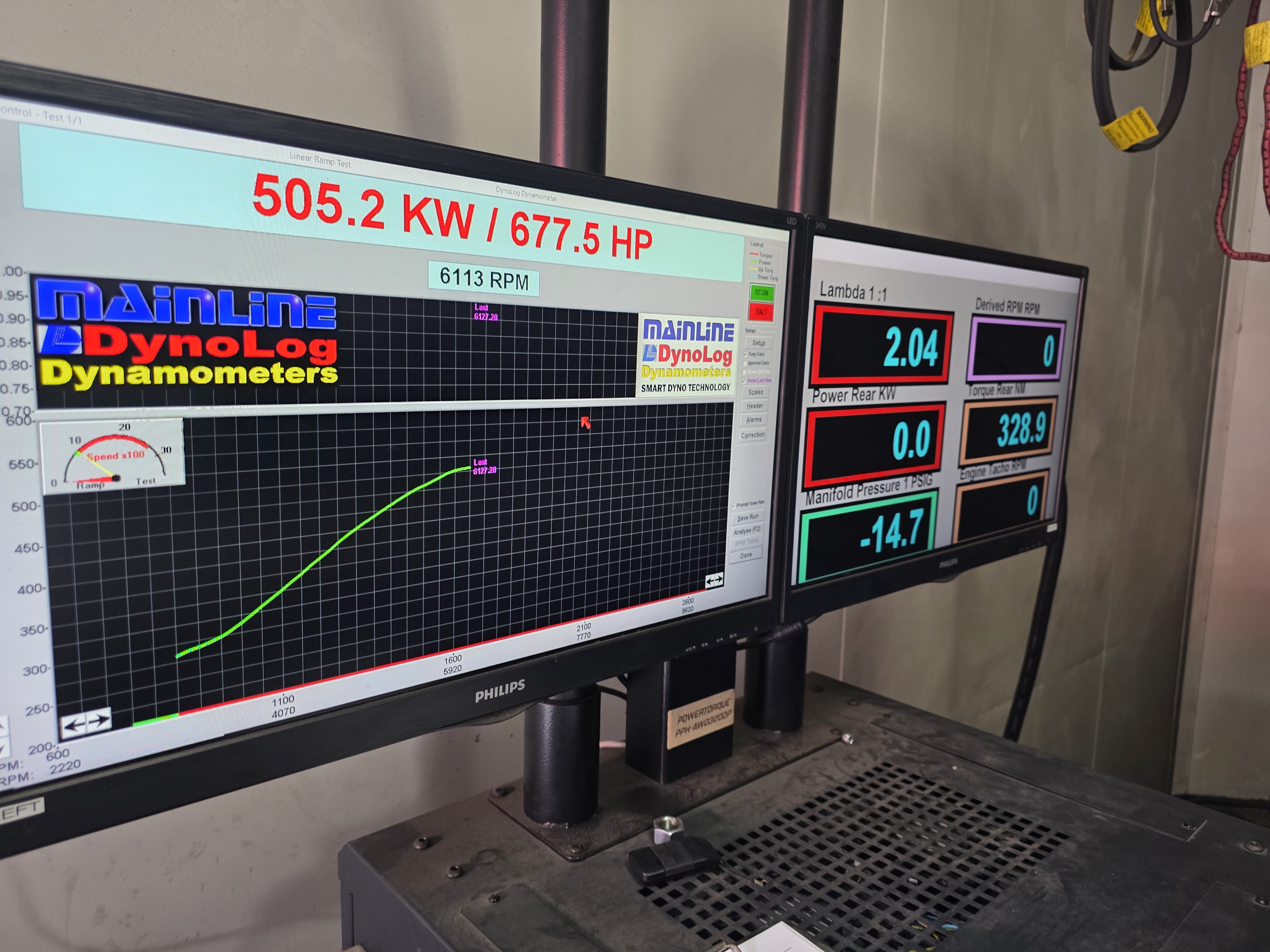 Dyno screen showing 505.2kW / 677.5HP on the HSV Clubspot