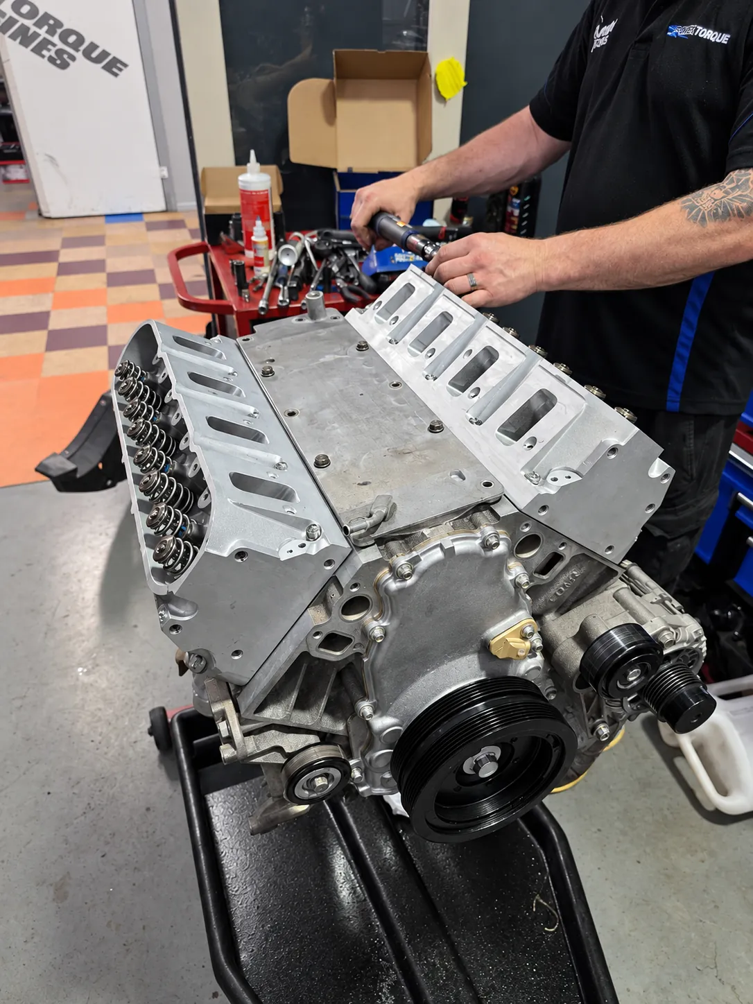 LS engine being assembled in the Power Torque workshop