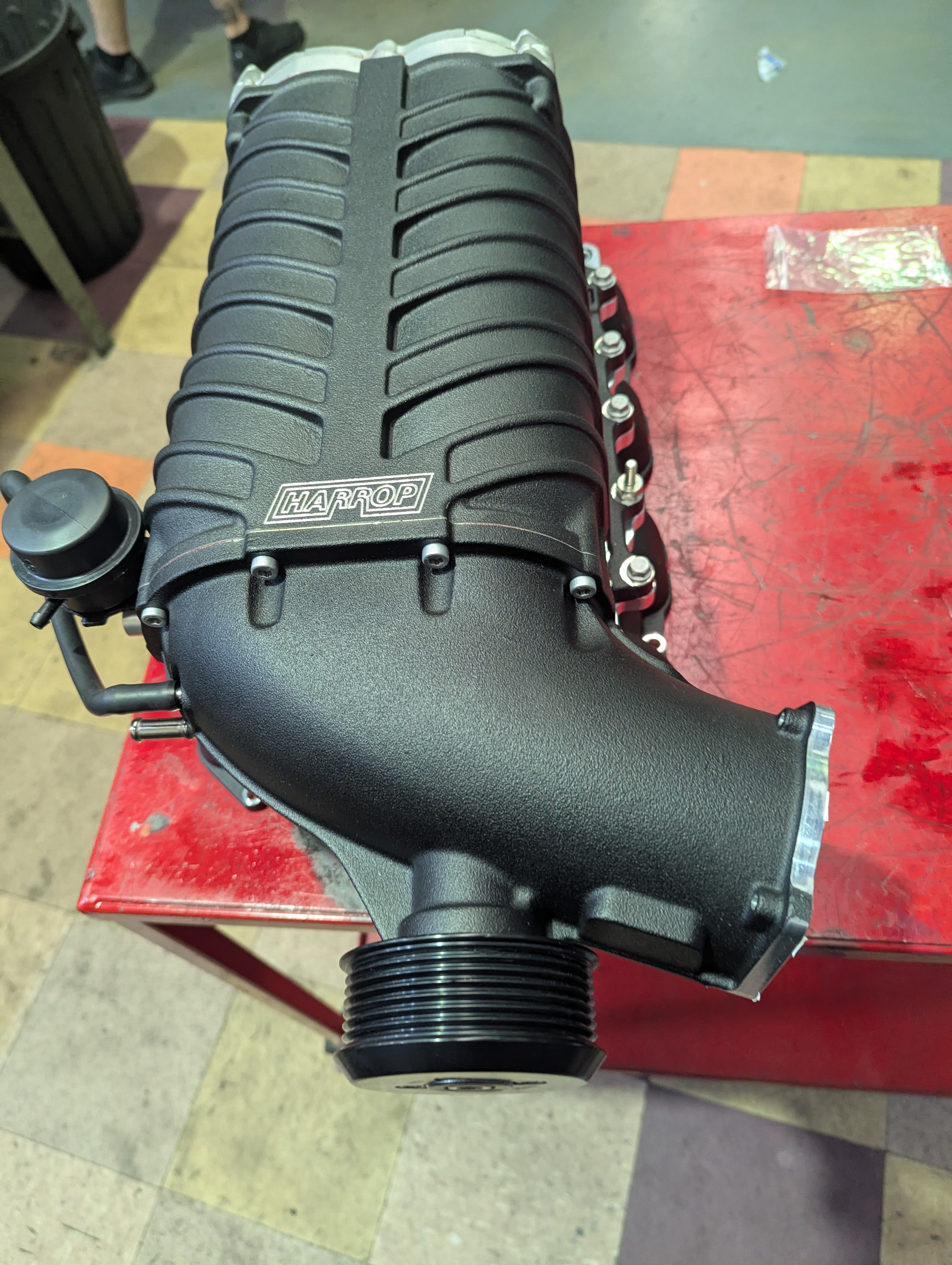 Harrop TVS2300 supercharger kit on the bench