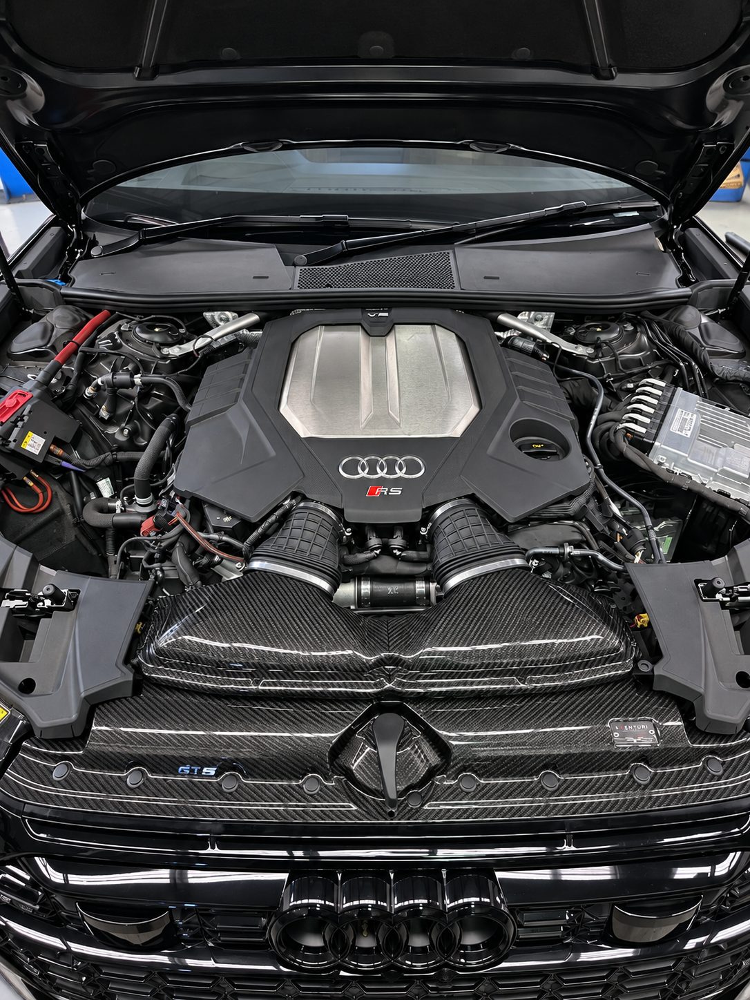 Audi RS6 engine bay with the Eventuri carbon intake fitted