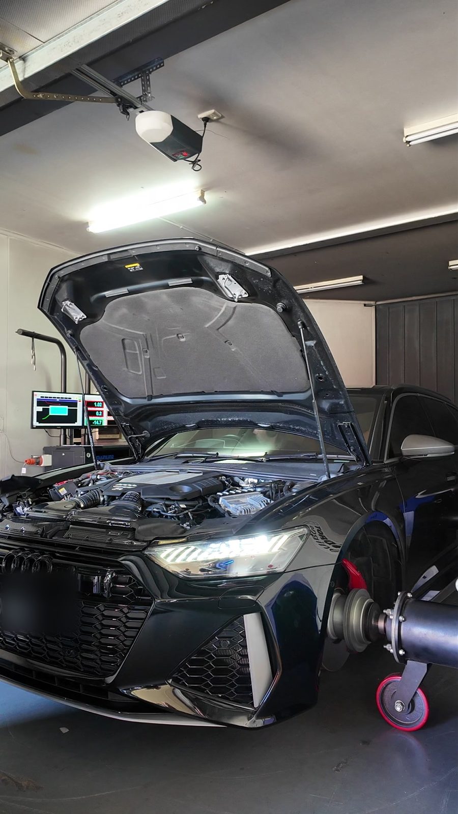 Audi RS6 strapped to our hub dyno for the Stage 2 tune